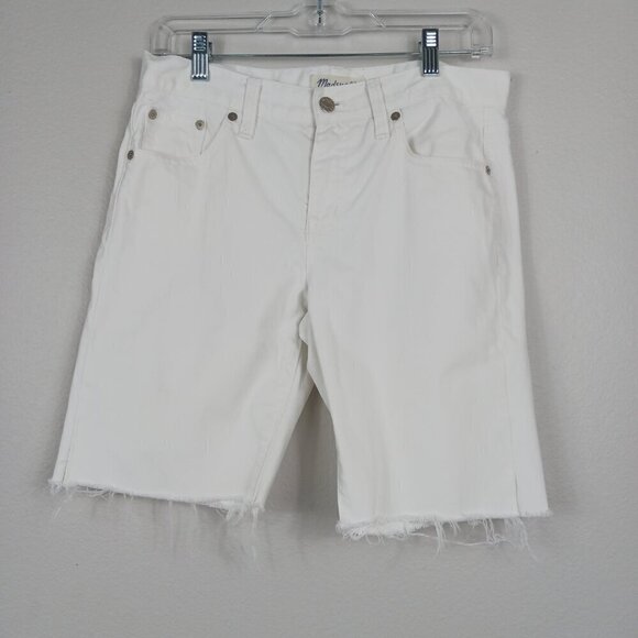 MADEWELL BOY JEAN Long Mid Rise Denim Jean Shorts Womens 26 White Raw Hem - Picture 2 of 5